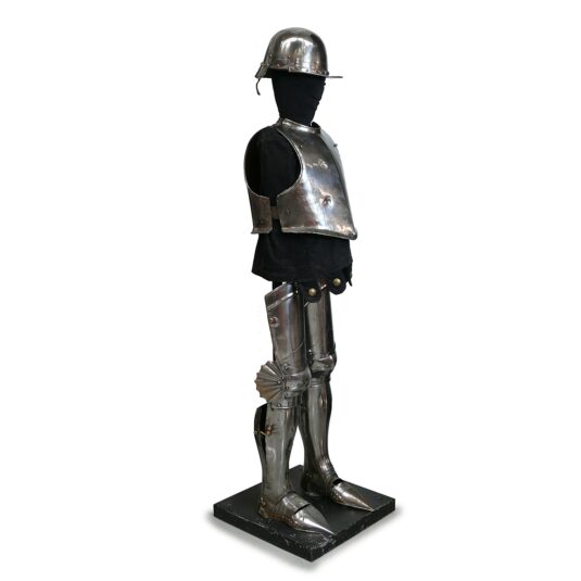 COMPOSITE SUIT OF ARMOUR INCLUDING PERIOD HELMET BREAST PLATE AND LEGGINGS