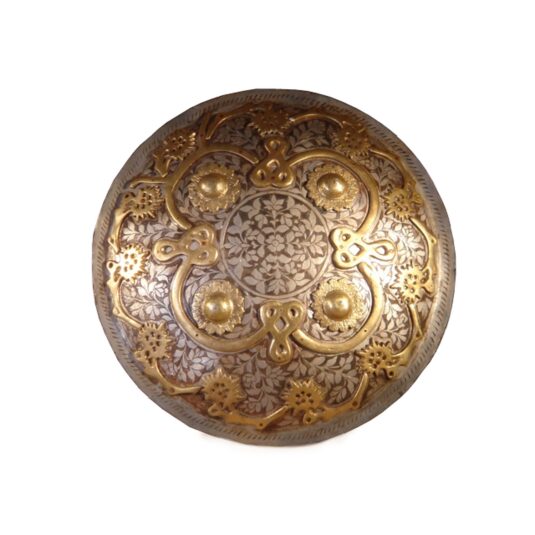 SMALL CIRCULAR ENGRAVED METAL AND BRASS MOGHUL SHIELD / DHAL 12