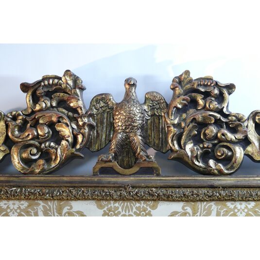 LARGE CARVED AND GILDED ITALIAN BISHOPS BED WITH MATTRESS 5'9/i WIDE X  7' LONG EAGLE TOP WITH UPHOLSTERED PANEL