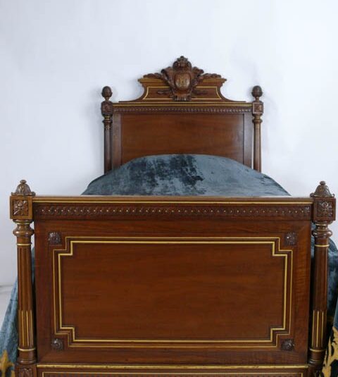 FRENCH LIGHT MAHOGANY SINGLE BED CARVED COMPLETE WITH SIDE RAILS BASE BOARD AND MATRESS 3'6/i BEARING MAKER'S STAMP LEGER ALBRECHT MEUBLES PARIS 2429 (X PAIR)