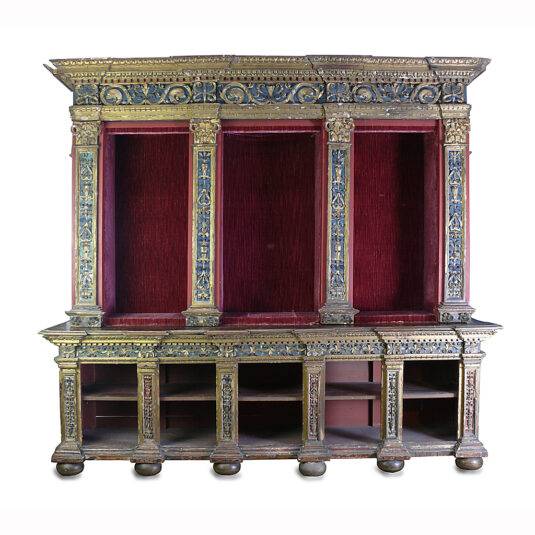LARGE ITALIAN BOOKCASE ORNATE CARVED GILDED AND DECORATED FLORENTINE EARLY 17TH CENT 232 CM HIGH 253 CM WIDE 59 DEEP