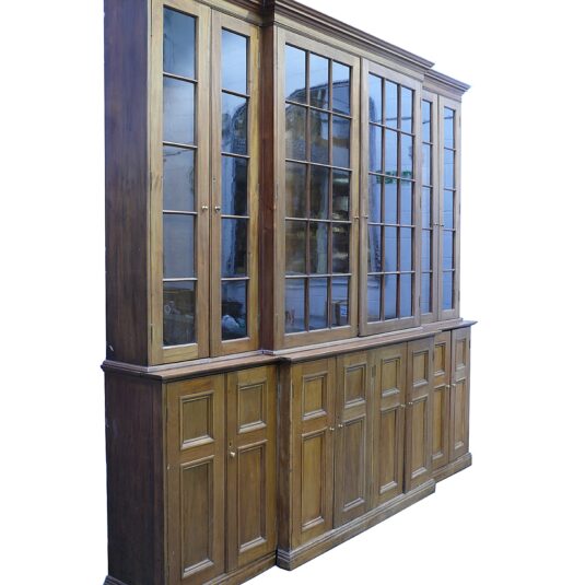 LARGE MAHOGANY BREAKFRONT BOOKCASE MAHOGANY CUPBOARD BASE AND SIMPLE GLAZED UPPER DOORS VICTORIAN CIRCA 1860 290 CM HIGH 313 CM WIDE