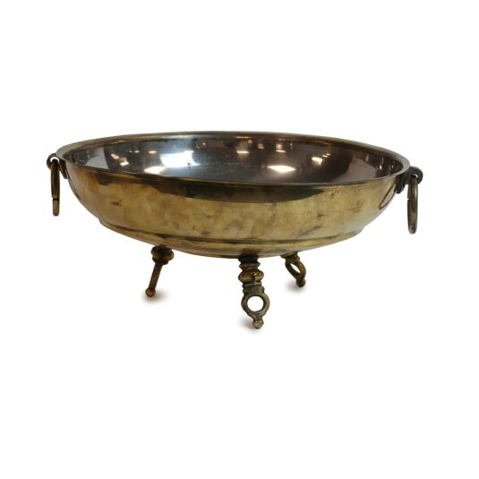 SILVER LINED BRASS BOWL ON THREE LEGS WITH RING HANDLES 33 CM DIAM