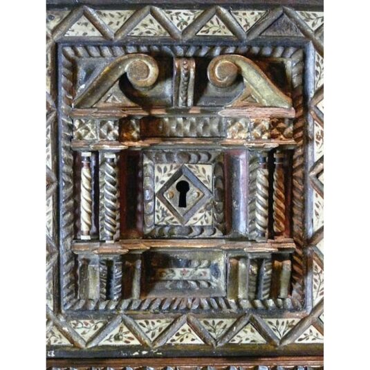 RARE 16TH CENTURY SPANISH CARVED BONE AND GOLD DECORATED VARGUENO CHEST ON STAND 126 CM HIGH 94 CM WIDE 37 CM DEEP