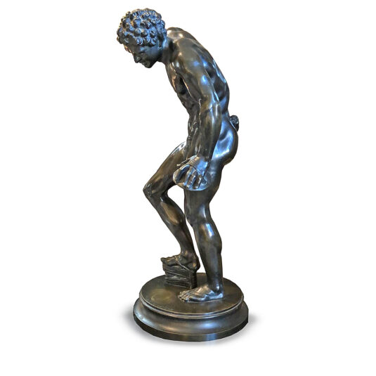 LARGE BRONZE DANCING FAUN STATUE CYMBALIER BEARING MARK MUSEE DU VATICAN AND PLAQUE LE CYMBALIER FLORENCE AFTER MASSAMILLIANO SOLDANI BENZI 19TH CENT 58 CM HIGH 34 CM WIDE