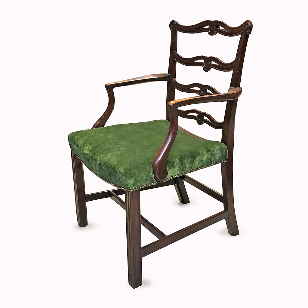 MAHOGANY LADDER BACK CARVER DINING CHAIR WITH GREEN VELVET UPHOLSTERED