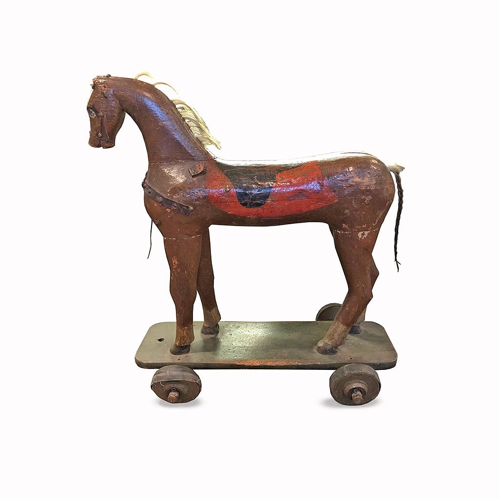 LARGE PRIMITIVE WOODEN TOY HORSE ON WHEELS Prop hire for film, TV