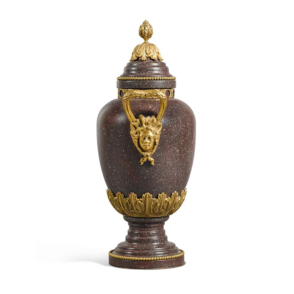 FRENCH LOUIS XV STYLE PORPHYRY MARBLE VASE URN AND LID WITH ORMOLU