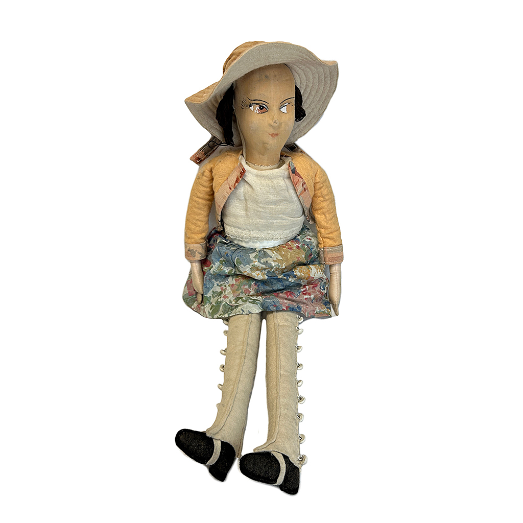 1930'S FABRIC DOLL WITH FLORAL SKIRT AND HAT 60 CM LONG