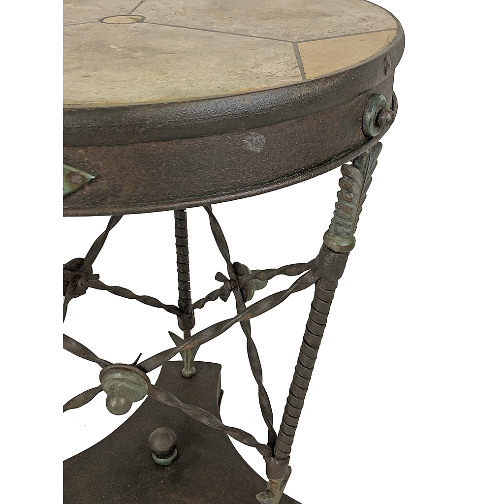 ROMAN STYLE WROUGHT IRON CIRCULAR TABLE WITH ARROW SUPPORTS INSET TRAVERTINE MARBLE TOP 71 CM HIGH 54 CM DEEP (X2)